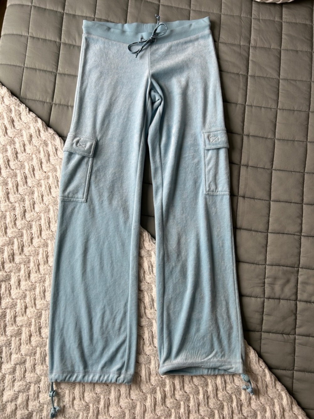 Y2K Baby Blue Velour Cargo Track Pants